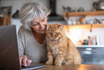lady with cat in front of computer